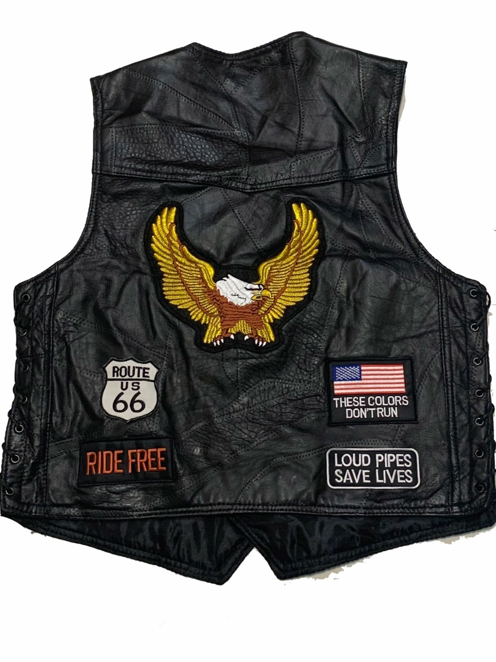 Black Leather Patch Vest with Gold Eagle